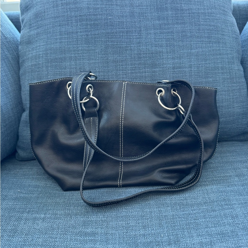 Nine West Black Pebbled Faux Leather Shoulder Bag White Stitching